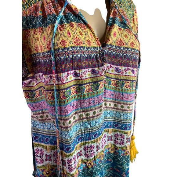 One World Women's XL Blouse Boho Metallic Threading Short Sleeve V Neck Tassels - Picture 8 of 12